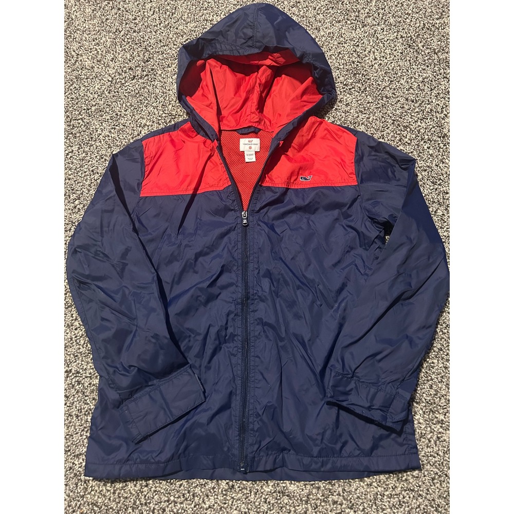 K8 Vineyard Vines Kids Navy Red Colorblock Hooded Windbreaker Jacket Size M 8 10